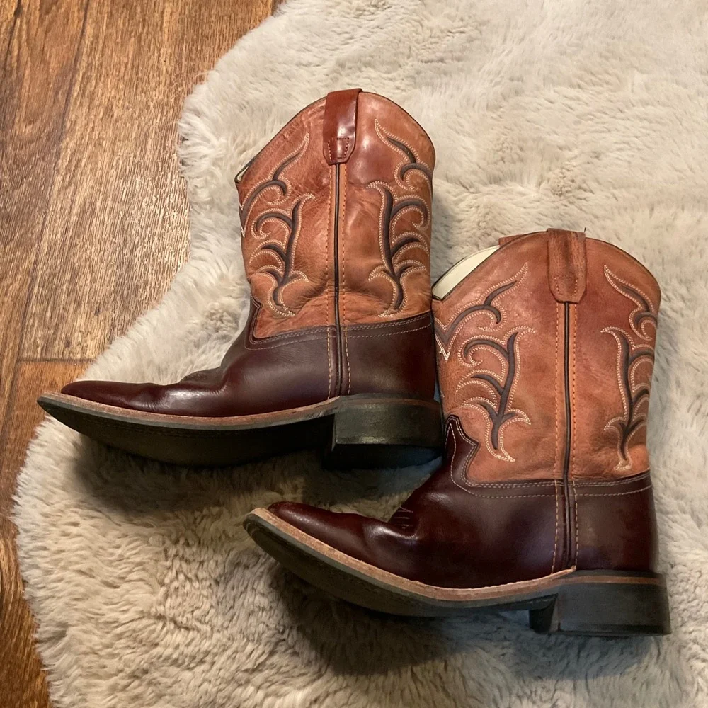 Old West Cowboy‎ Boots Size 3 BSC1859 Square Toe Brown Rust Top
